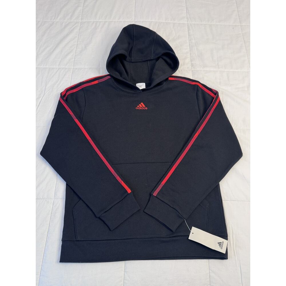 NWT Adidas Hoodie Youth XL 18/20 Black with Red Piping & Kangaroo pouch
